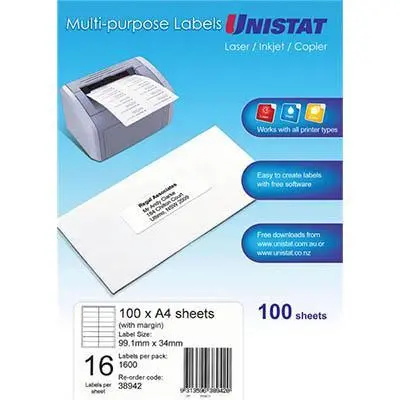 Unistat 38942 Multi-Purpose Label 16Up 99X34mm White Pack 100 1