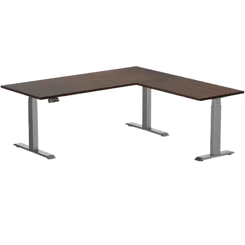 Desky Rubberwood L-Shape Sit Stand Desk 180 X 175 Cm Dark Walnut Top And Space Grey Leg 1