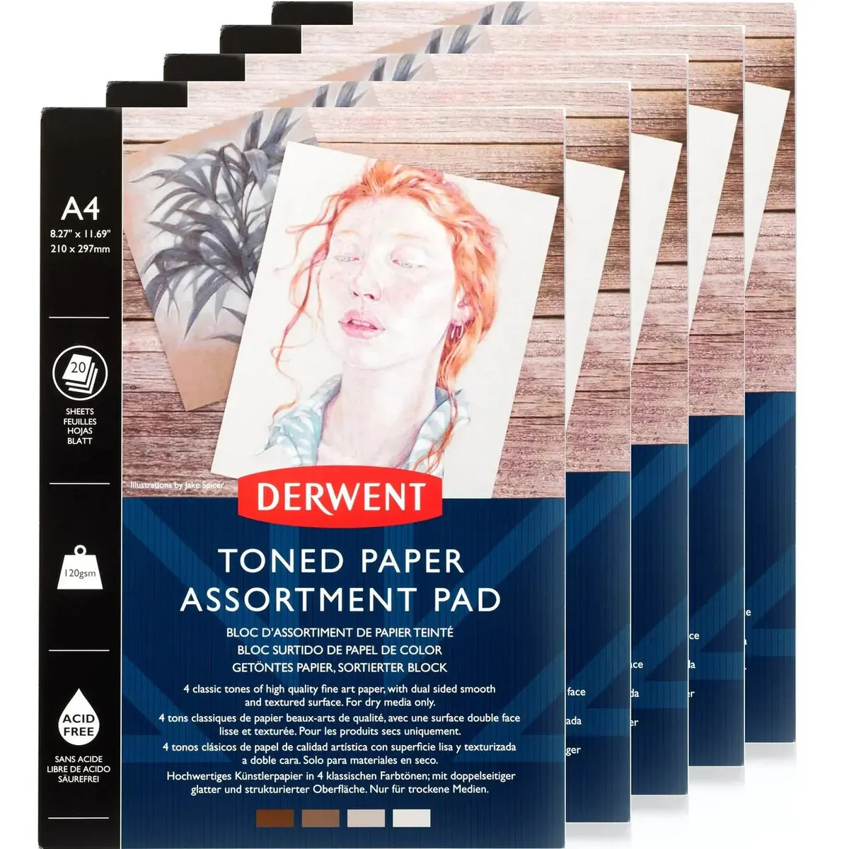Derwent Mixed Toned Paper Pad 120Gsm 4 Mid Tone Colours 20 Sheets A4 5 Pack 1