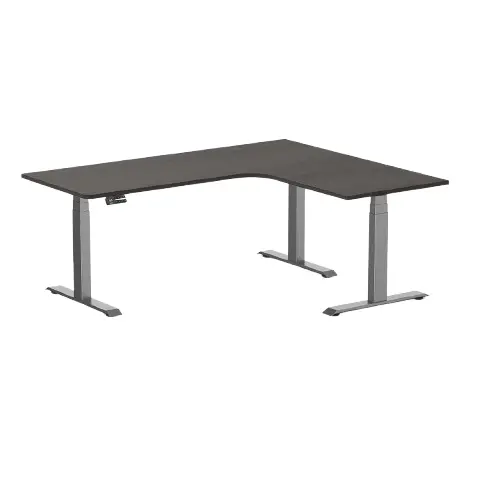 Desky L-Shape Melamine Sit Stand Desk 180Cm - Right Return Burnished Wood Top And Space Grey Leg 1