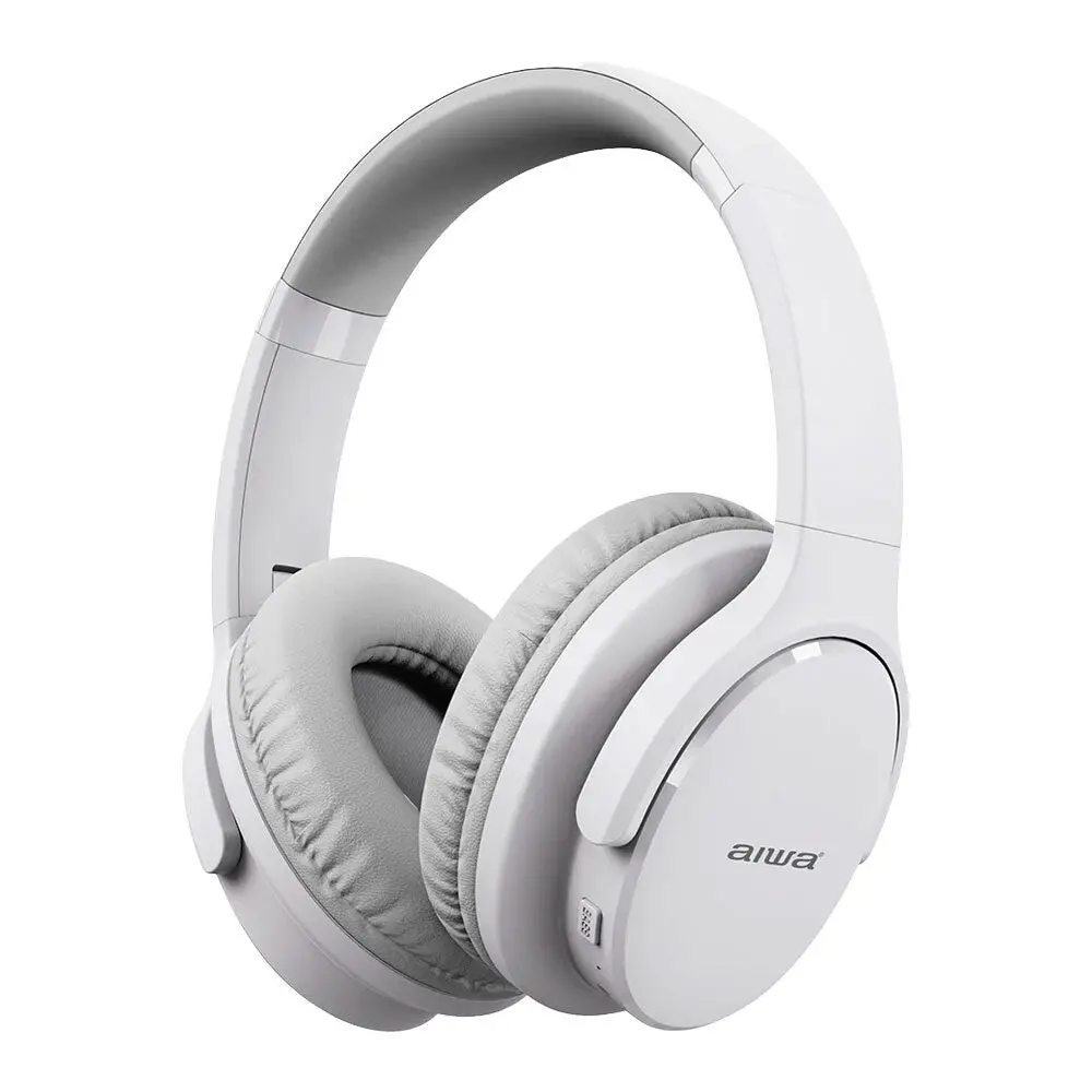 Aiwa Over-Ear Bluetooth Headphones With Aux And Airplane Adapter (White) 1