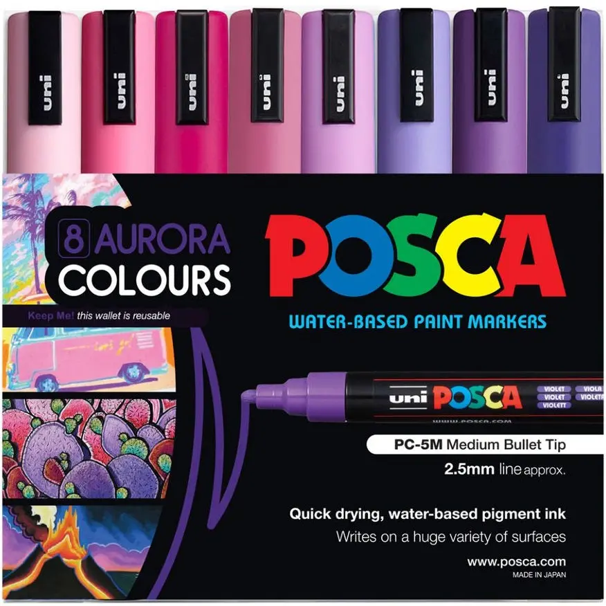 Uni Posca Pc-5M Paint Markers Bullet Tip Medium 8 Colour Pack (Aurora Pink Purple) 1
