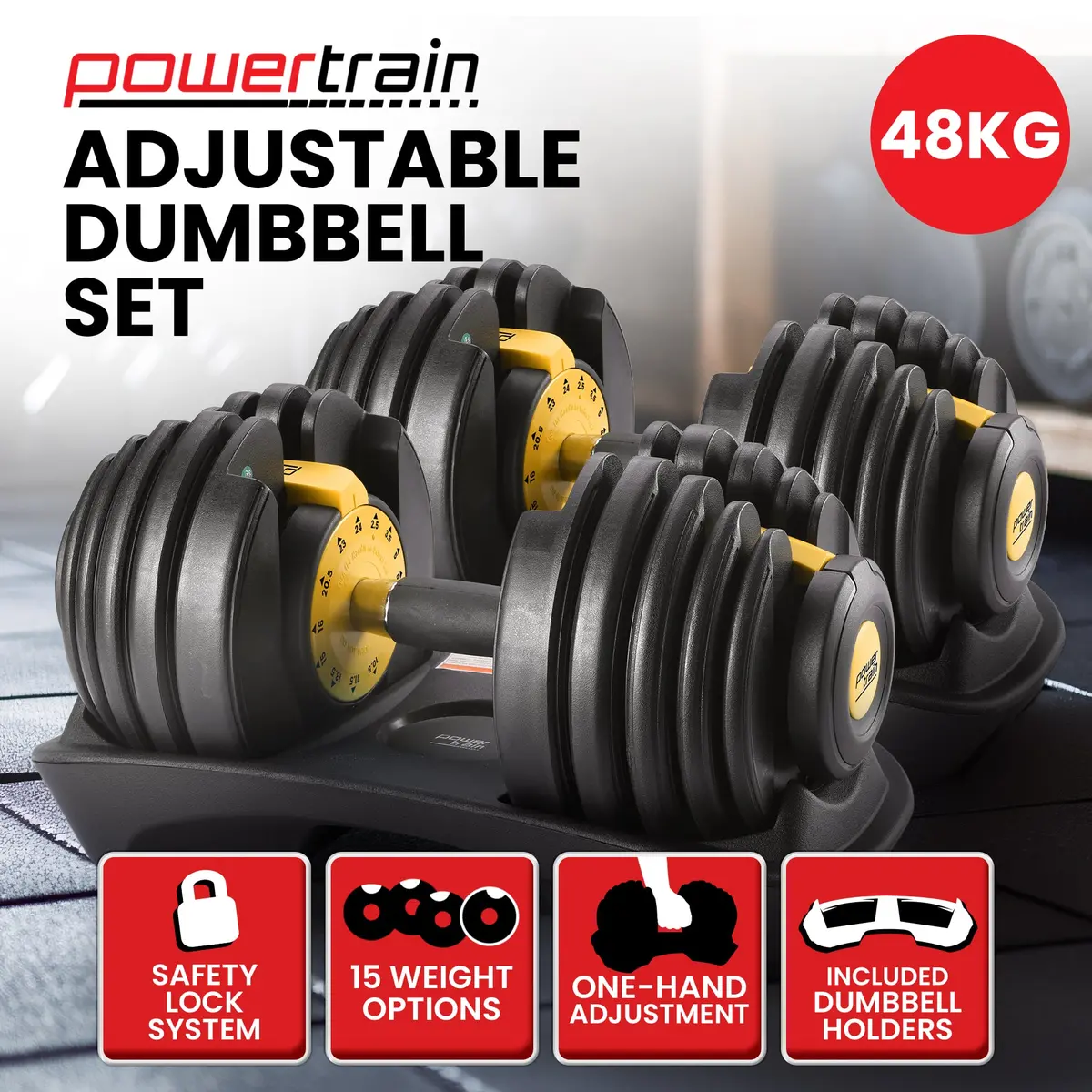 Powertrain 48Kg Adjustable Dumbbell Set Home Gym Exercise Equipment Weights (Gold) 2