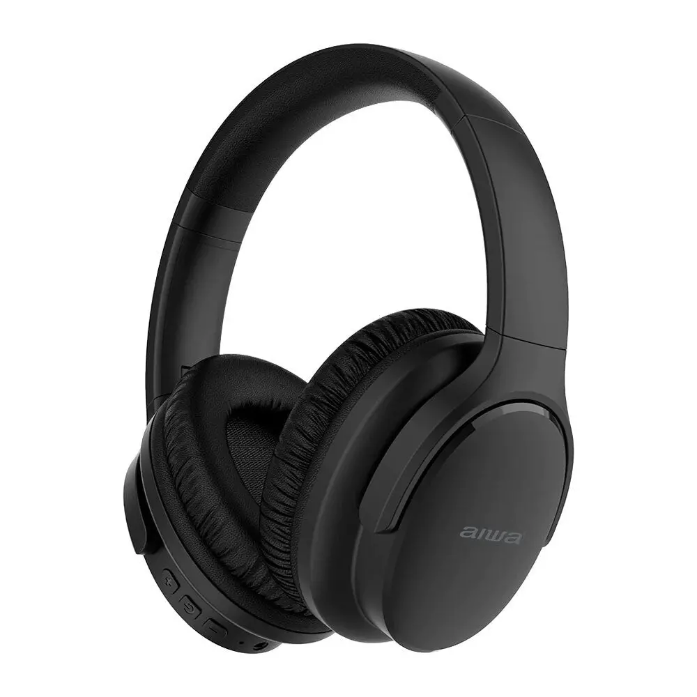 Aiwa Over-Ear Bluetooth Headphones With Aux & Airplane Adapter (Black) 1