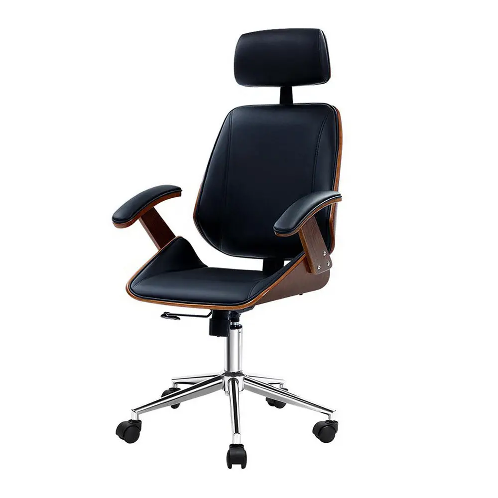 Artiss Wooden Office Chair Leather Seat (Black) 1