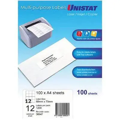Unistat 38947 Multi-Purpose Label 12Up 68×70Mm White Pack 100 1