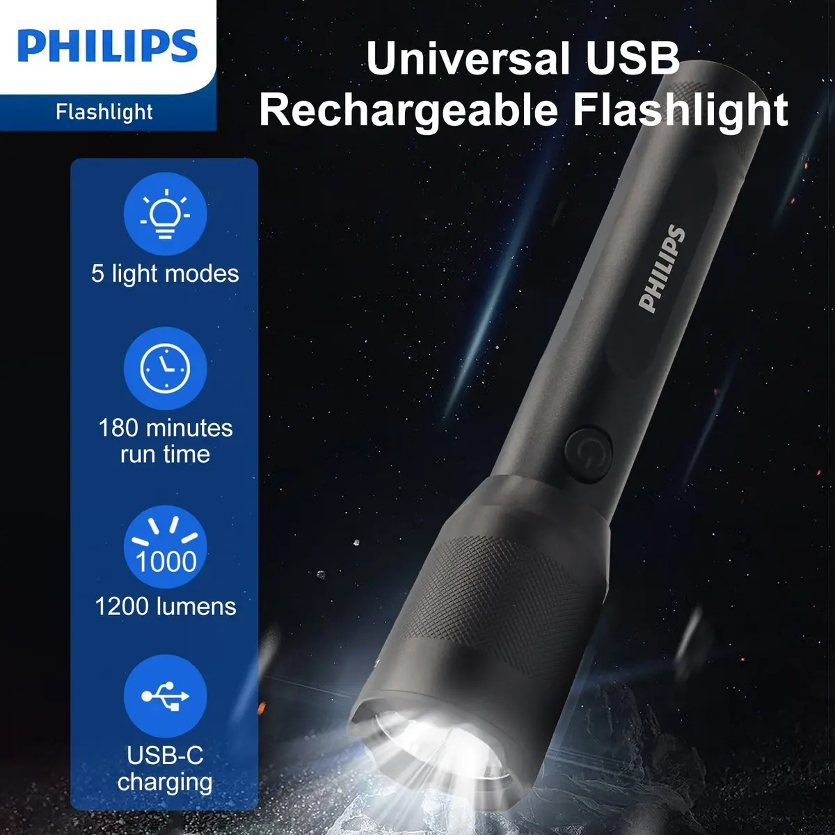 Philips Sfl5805r Rechargeable Led Flashlight 1200 Lumens (Black) 2