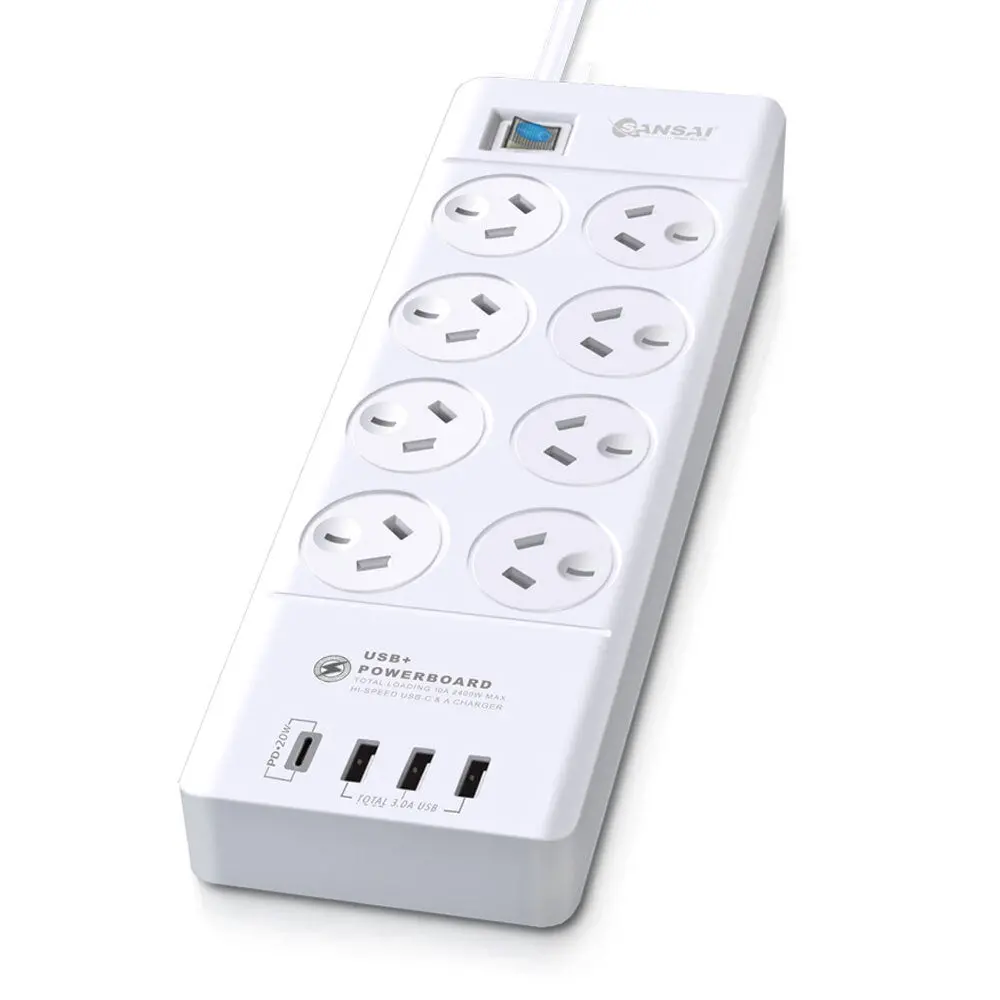 Sansai 8-Way Power Outlet Usb-A And Usb-C Surge Protector 2400W 1
