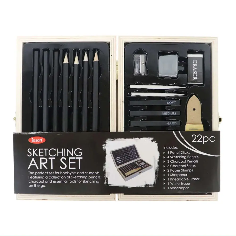22Pc Jasart Pencil/Charcoal Sketching Set W/ Wooden Travel Box 1