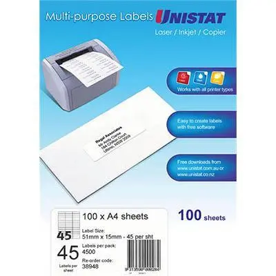 Unistat 38948 Multi-Purpose Label 45Up 51×15Mm White Pack 100 1