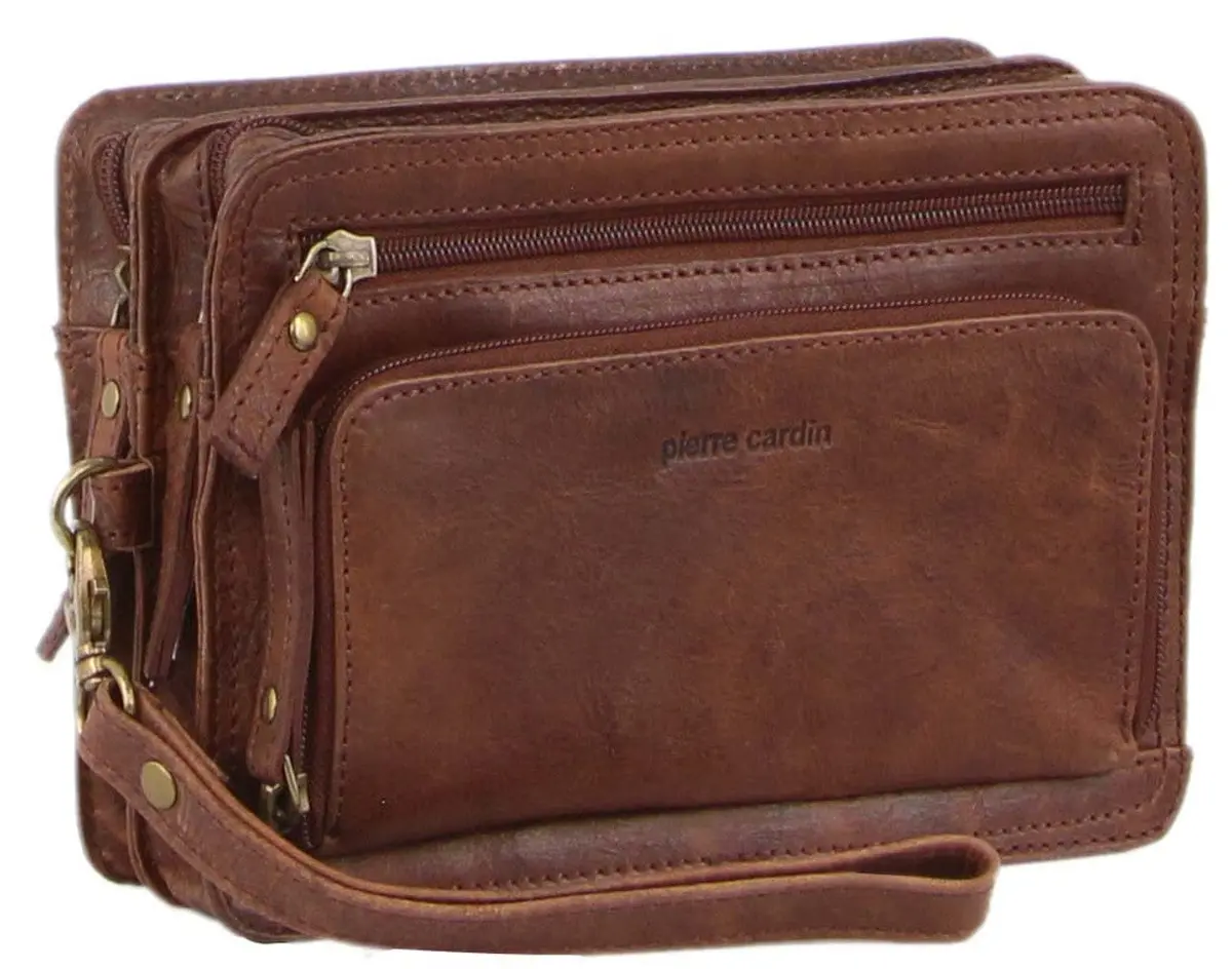 Pierre Cardin Men's Rustic Leather Organiser Wristlet Bag Chocolate Chestnut 1