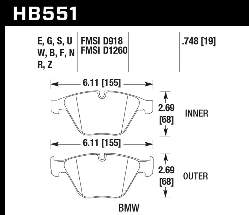 Hawk Hps Street Front Brake Pads For 2007–2009 Bmw 335D/I/Xi & 2008–2009 328I/M3 1