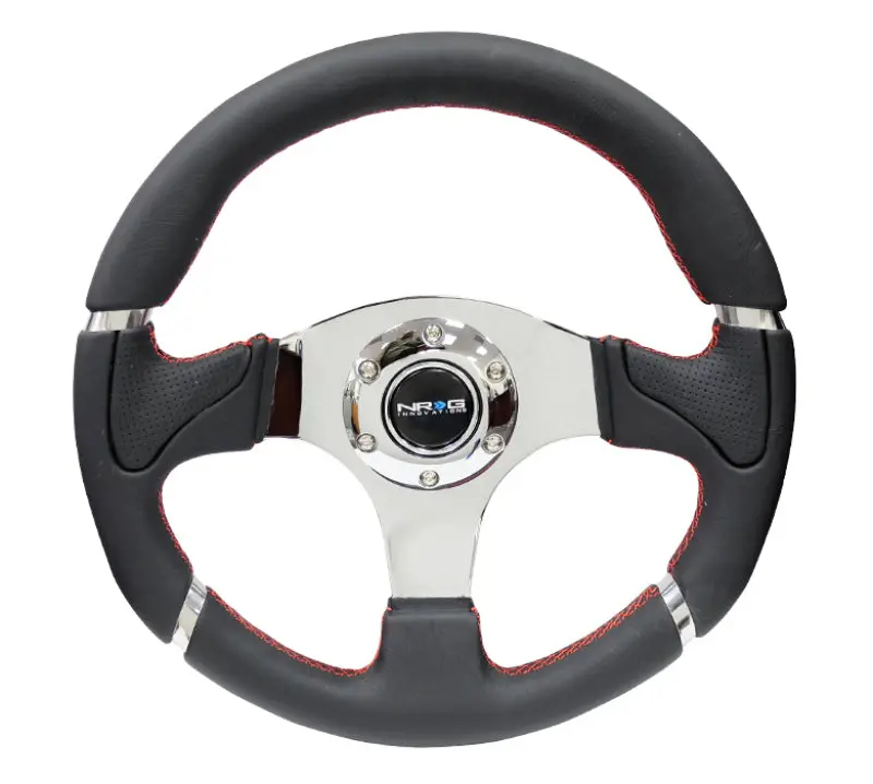 Nrg Reinforced 320Mm Steering Wheel — Black Leather With Red Stitching And Chrome 3-Spoke Hub 1