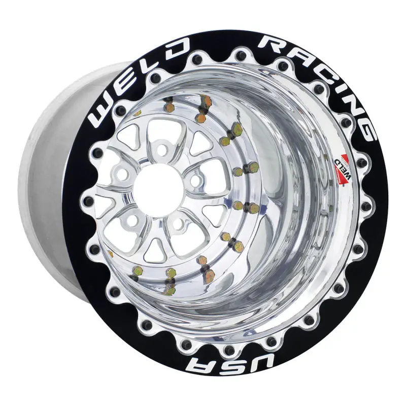 Weld V-Series Polished Aluminum Beadlock Wheel — 15X12, 5X4.75, 6-Inch Backspace, Black Double Beadlock Mt 1